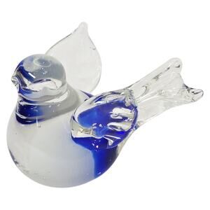 Vintage Hand Blown Art Glass Bird Figurine Blue & Clear Paperweight 2.5” 6 oz